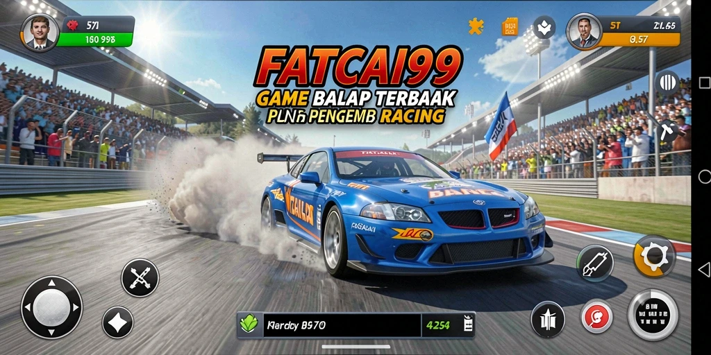 Screenshot gameplay <strong>FATCAI99</strong> dengan mobil balap yang melaju kencang di trek.