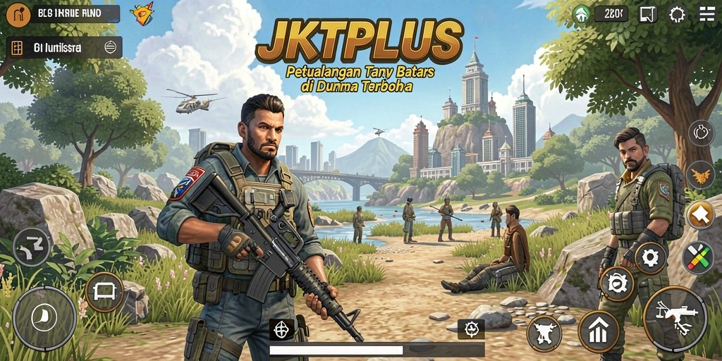 Tampilan dinamis gameplay JKTPLUS di dunia terbuka yang luas.
