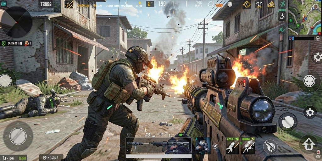 Screenshot T9999 menampilkan aksi pertempuran menarik dalam gameplay FPS.