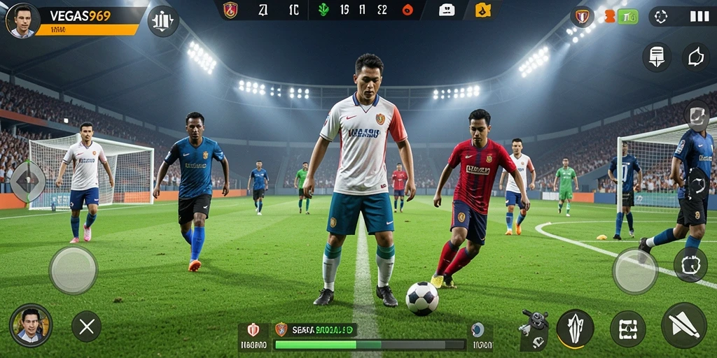 Tangkapan layar gameplay <strong>VEGAS969</strong> menampilkan aksi seru di lapangan sepak bola.