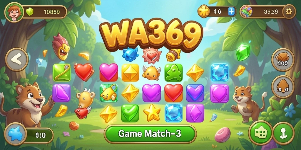 Gameplay seru WA369 dengan misi mencocokkan objek Match-3.
